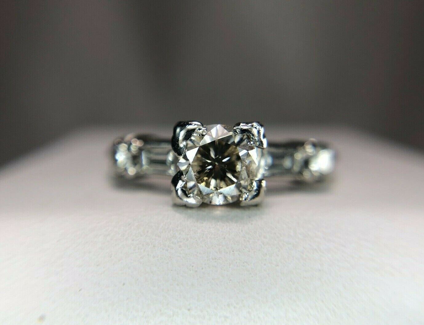 Vintage Platinum Natural Round Diamond Baguette Cut Engagement Ring