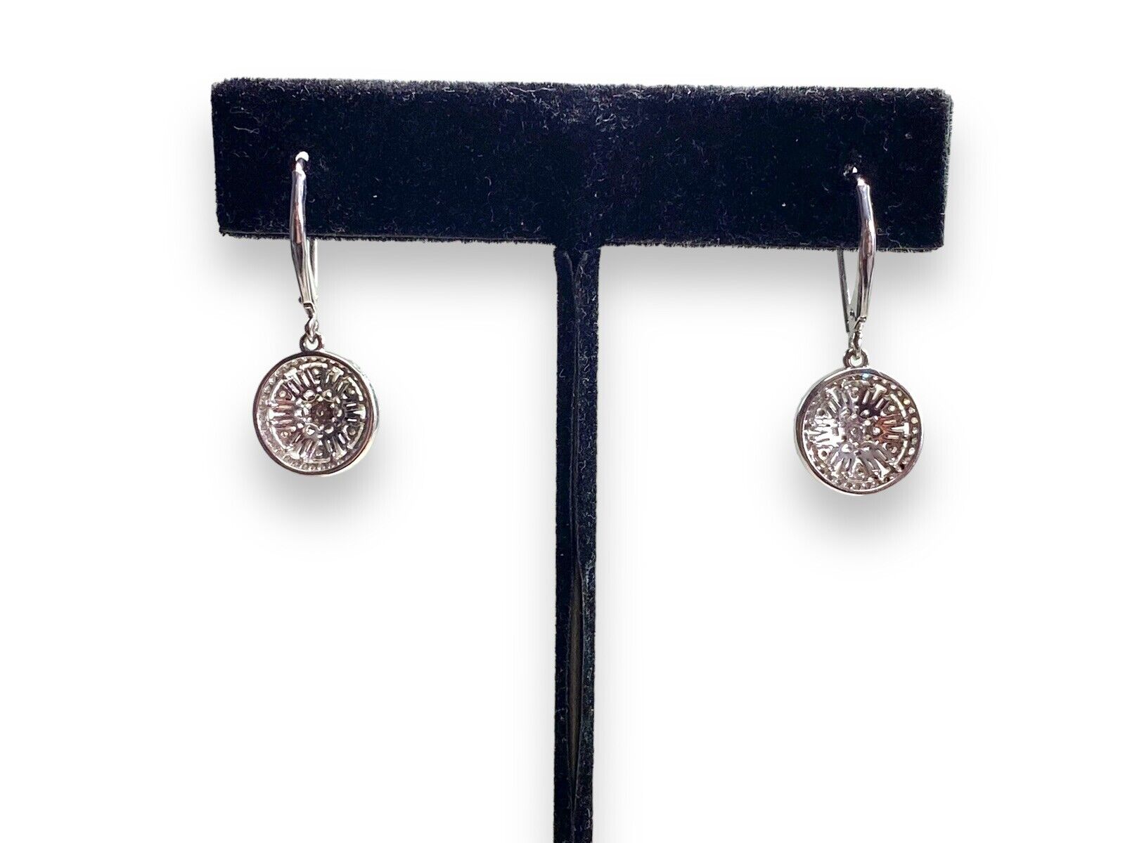 10k White Gold Natural Baguette Cut Round Diamond Cluster Circle Dangle Earrings