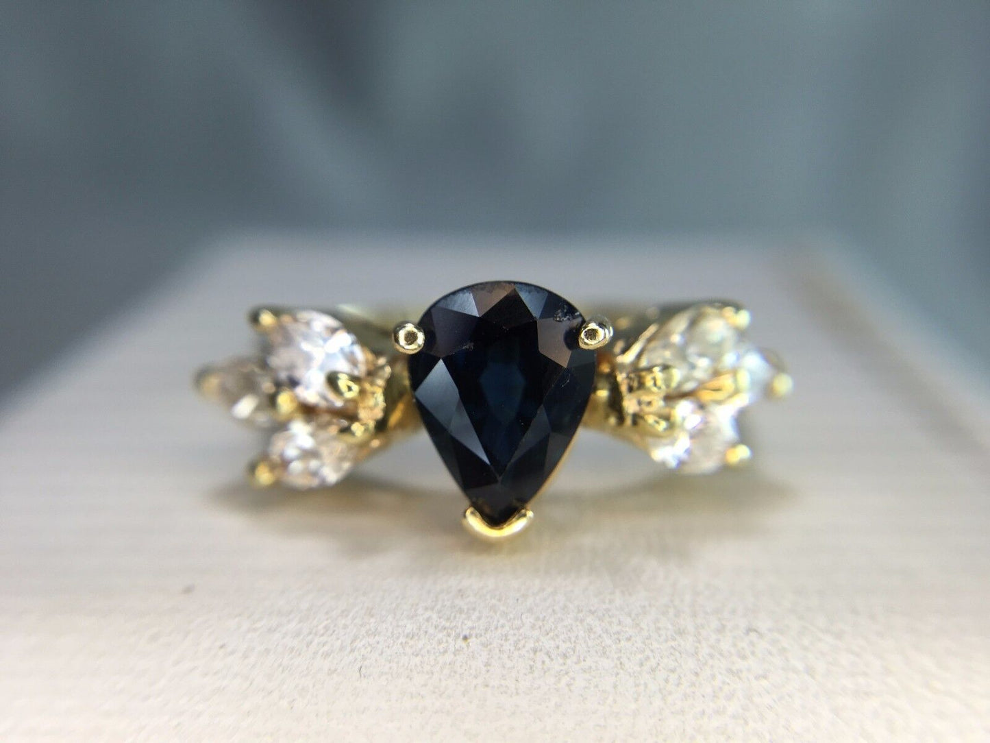 Estate 14k Yellow Gold Pear Shape Blue Sapphire Marquise Diamond Ring 2.0 ct