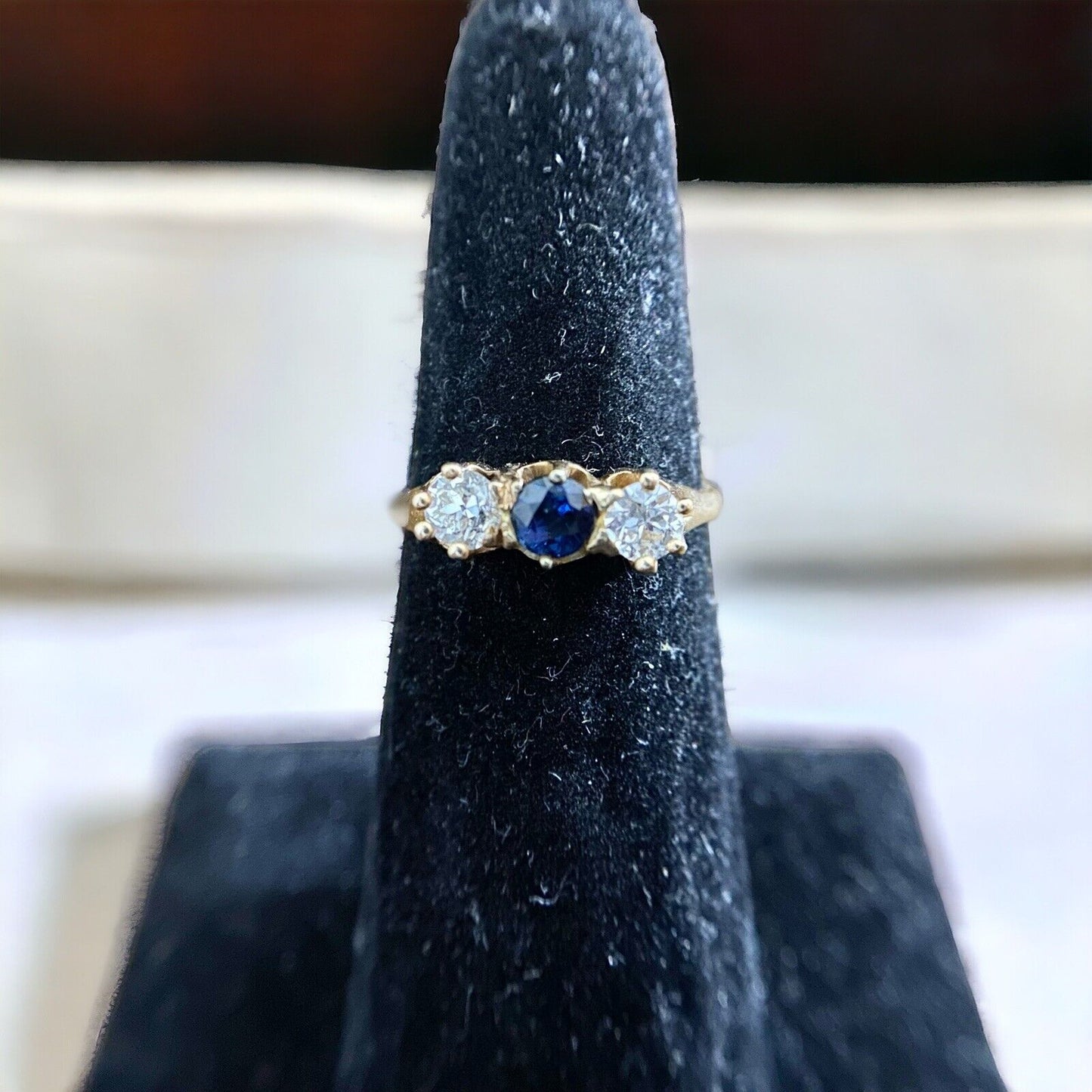 Vintage Art Deco 14k Yellow Gold Natural Blue Sapphire Old European Diamond Ring