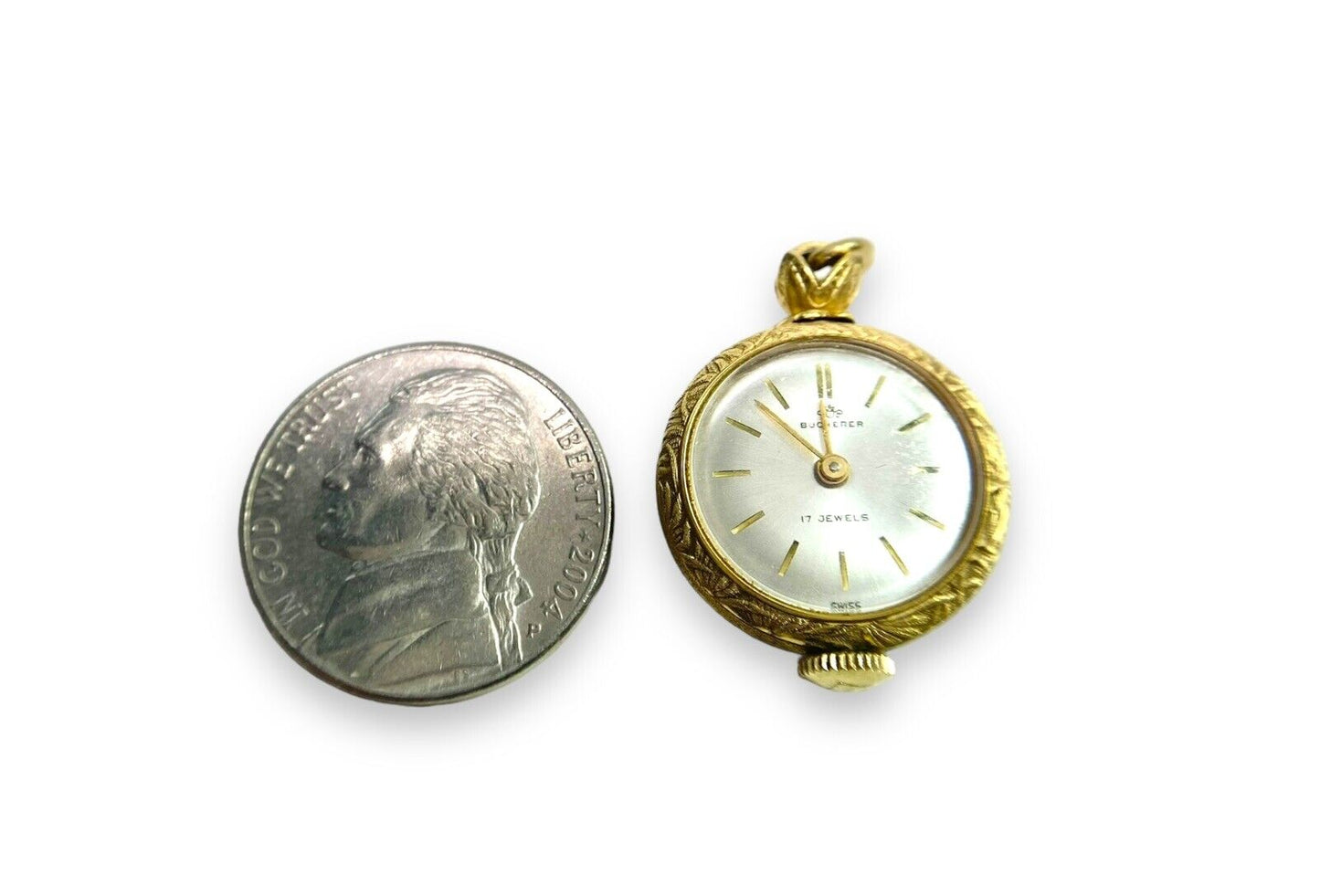 Vintage 14k Yellow Gold Bucherer Small Pocket Watch Engraved Pendant