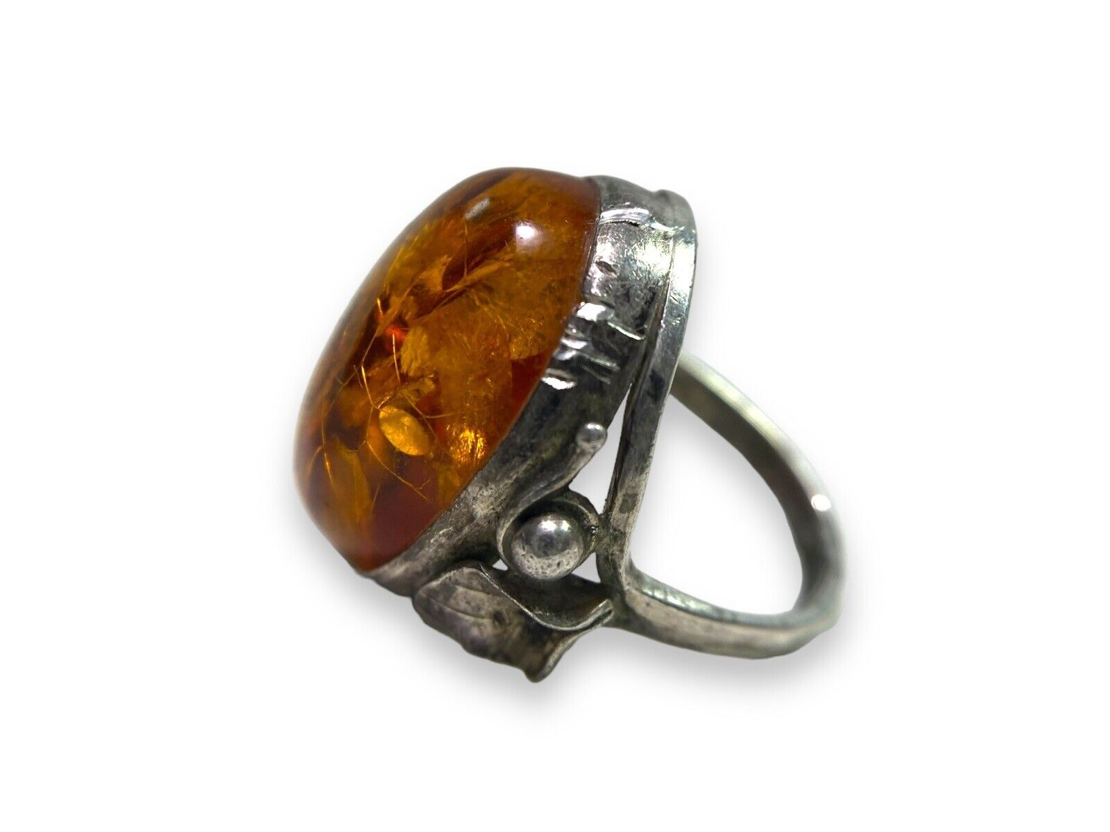 Vintage Sterling Silver Oval Shape Baltic Amber Big Bezel Set Ring Size 7