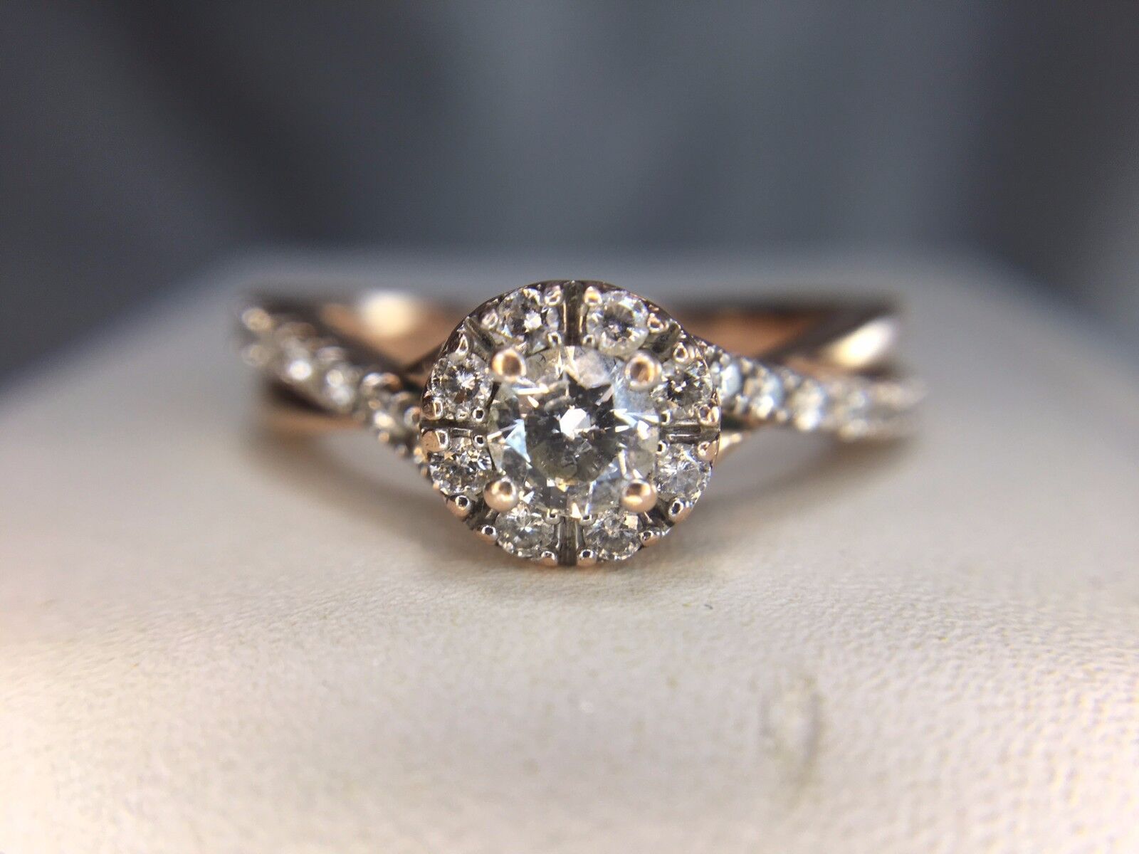 Estate 10k Rose Gold Round Brilliant Diamond Halo By-Pass Engagement Ring