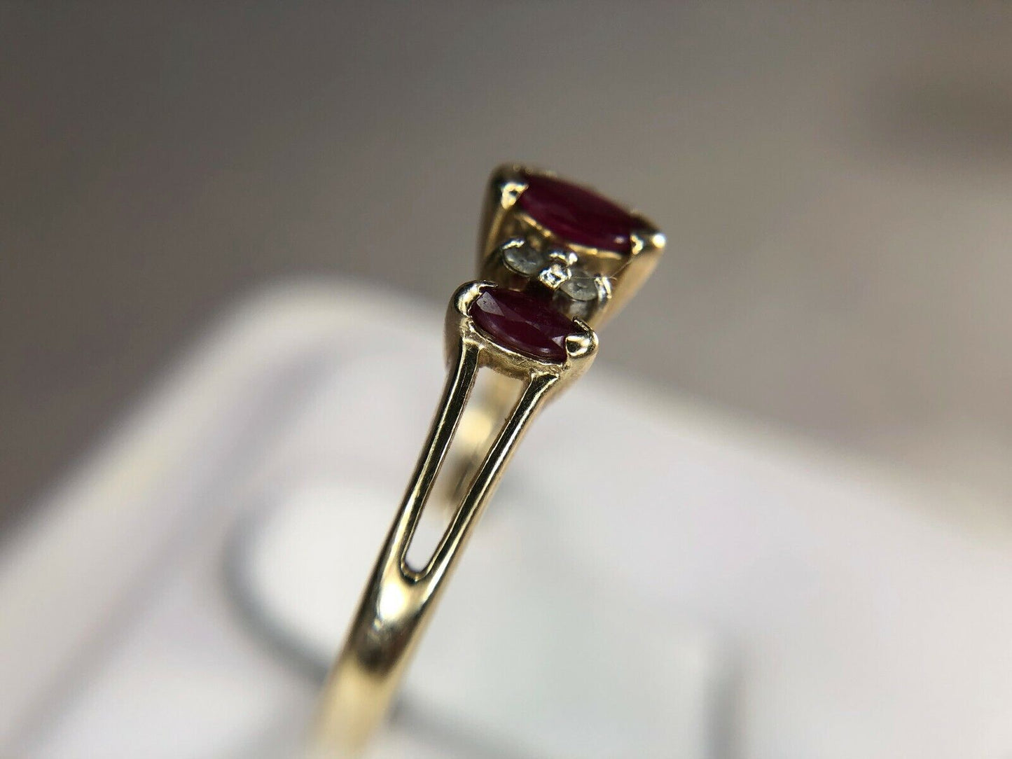 Vintage Style 10k Yellow Gold Marquise Red Ruby Round Diamond Small Ring