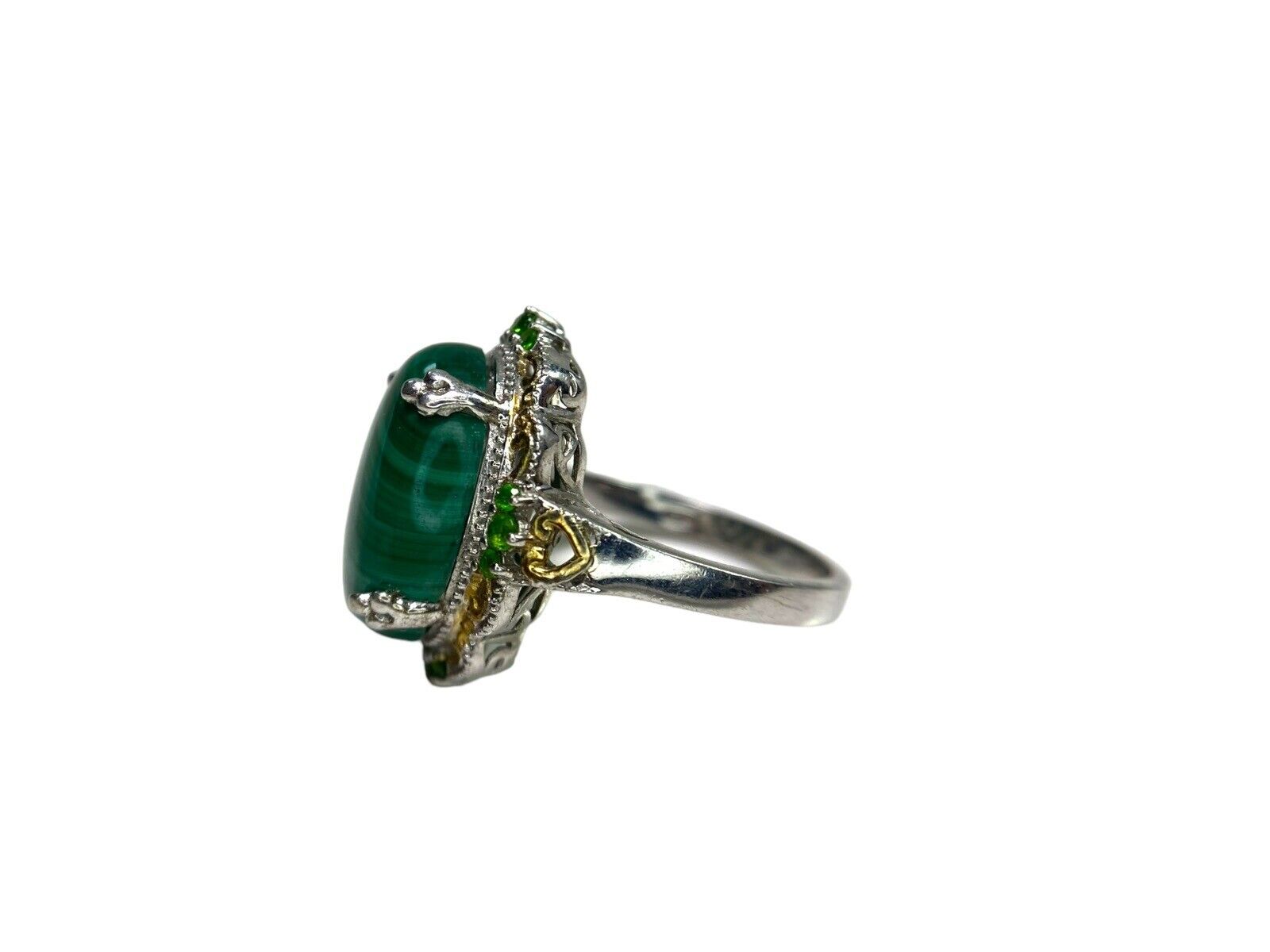 Vintage Sterling Silver Oval Green Malachite Big Cocktail Ring Size 10