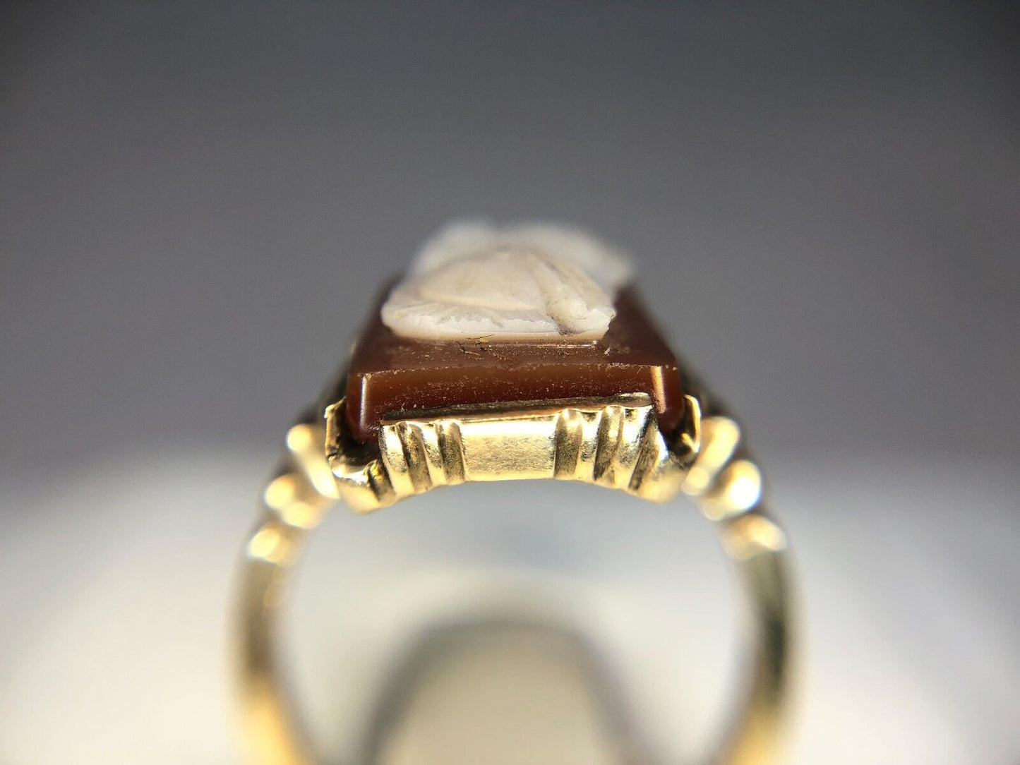 Vintage Art Deco 10k Yellow Gold Greek Soldier Red Cameo Small Cocktail Ring