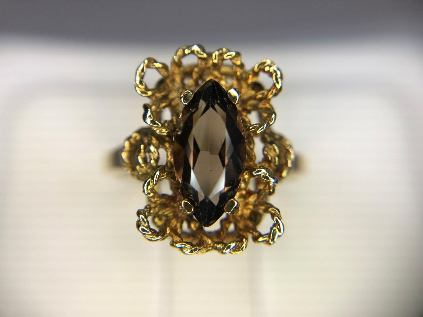 Estate Vintage 10k Yellow Gold Marquise Smokey Quartz Cocktail Ring