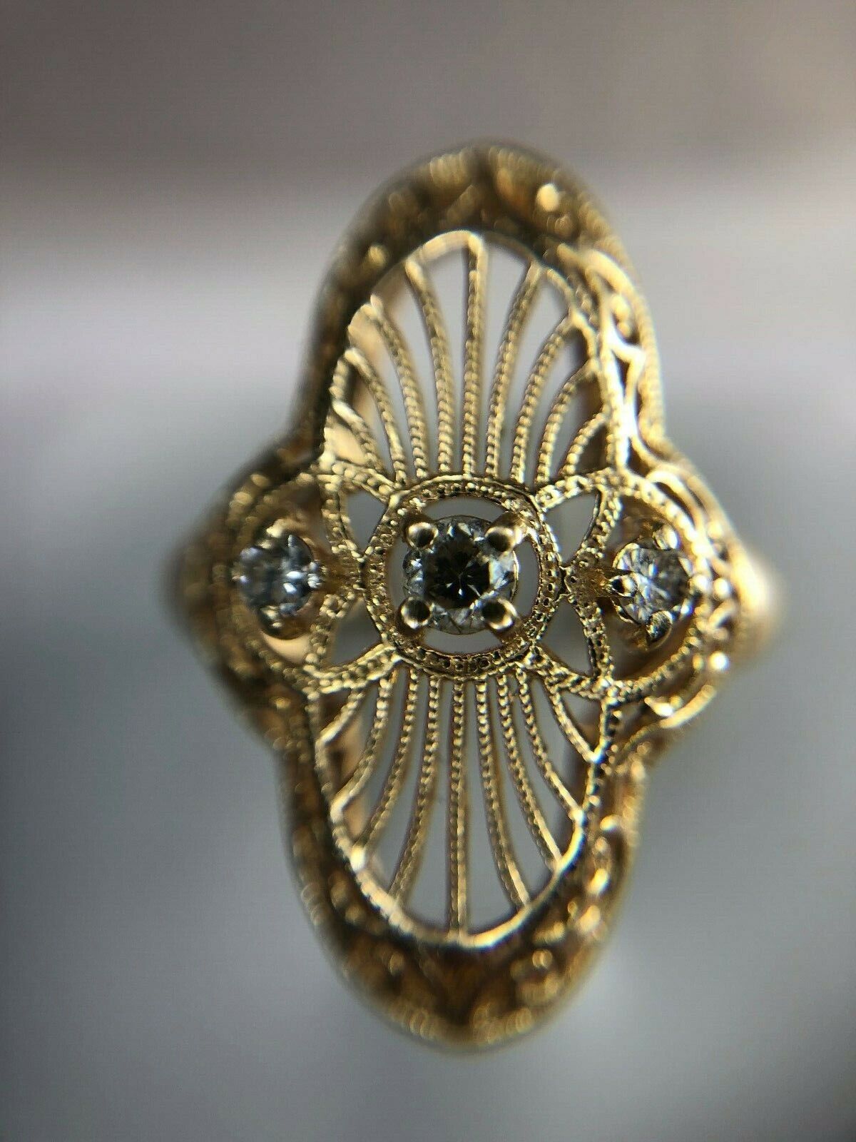 Vintage 14k Yellow Gold Round Brilliant Diamond Filigree Big Cocktail Ring 