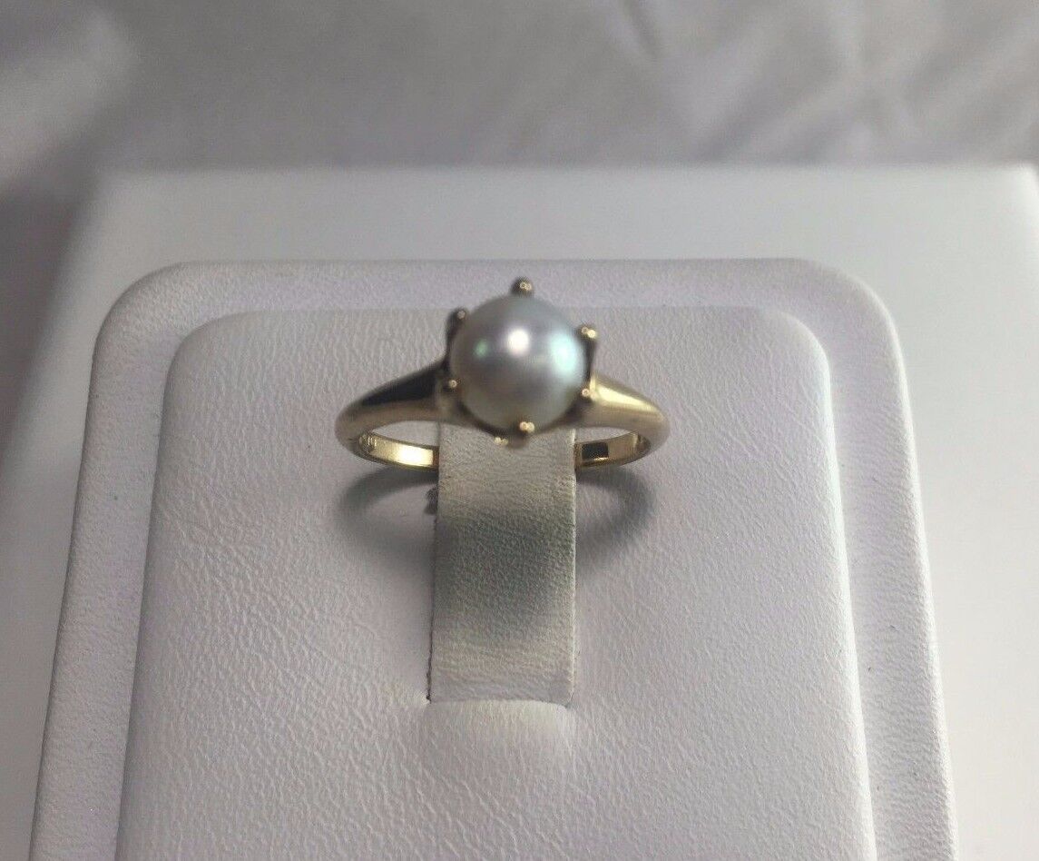 Estate 10k Yellow Gold Round White Cultured Pearl Solitaire Ring 6mm