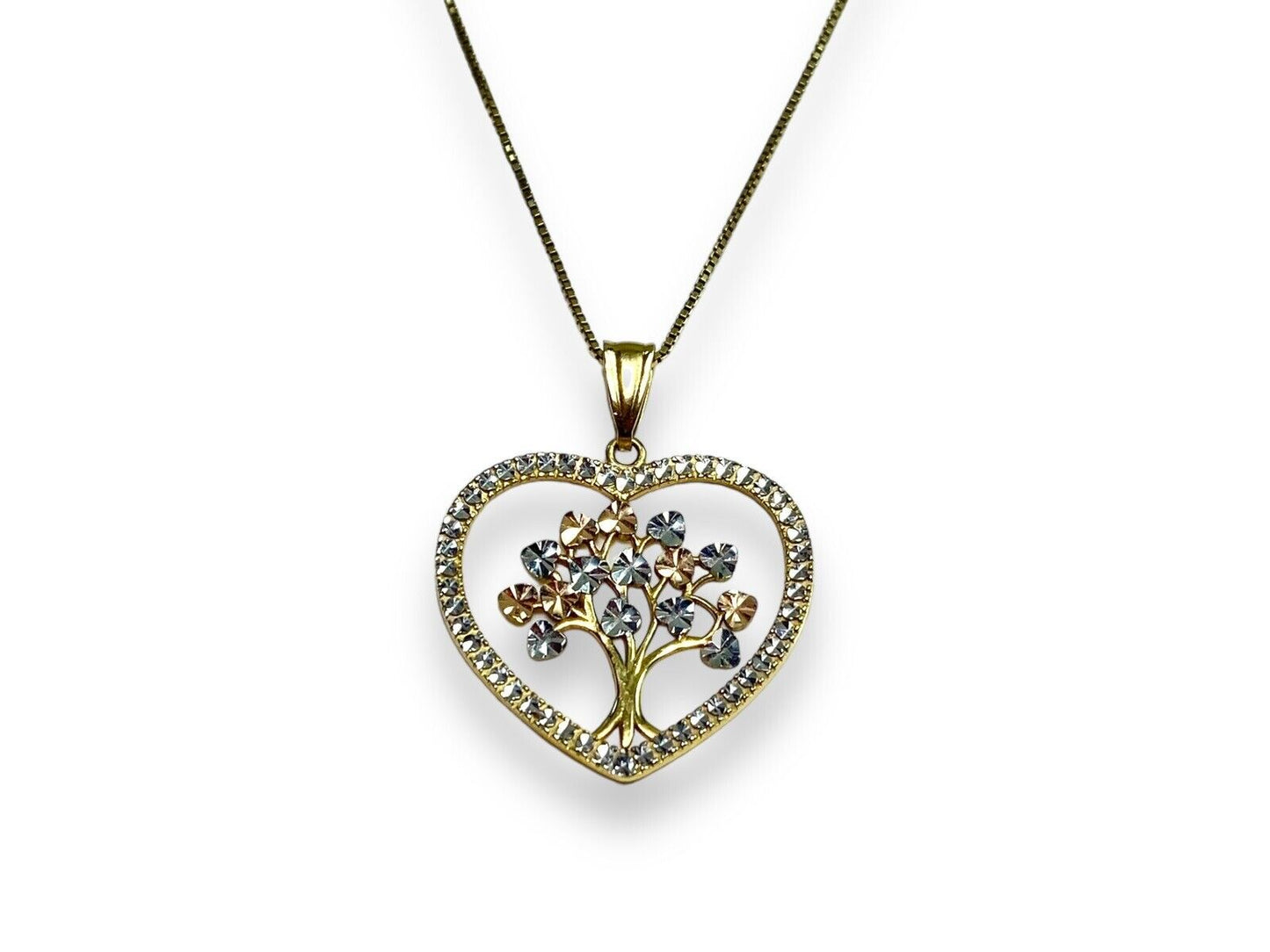 Vintage 14k Yellow Gold Heart Shape Tree Of Life Pendant Necklace