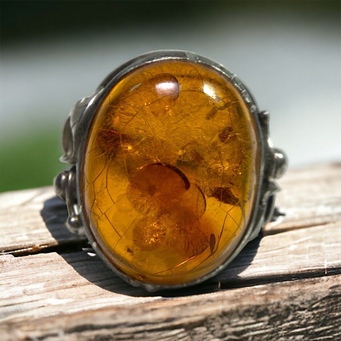 Vintage Sterling Silver Oval Shape Baltic Amber Big Bezel Set Ring Size 7