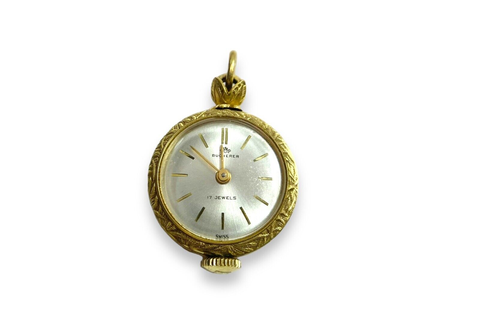 Vintage 14k Yellow Gold Bucherer Small Pocket Watch Engraved Pendant