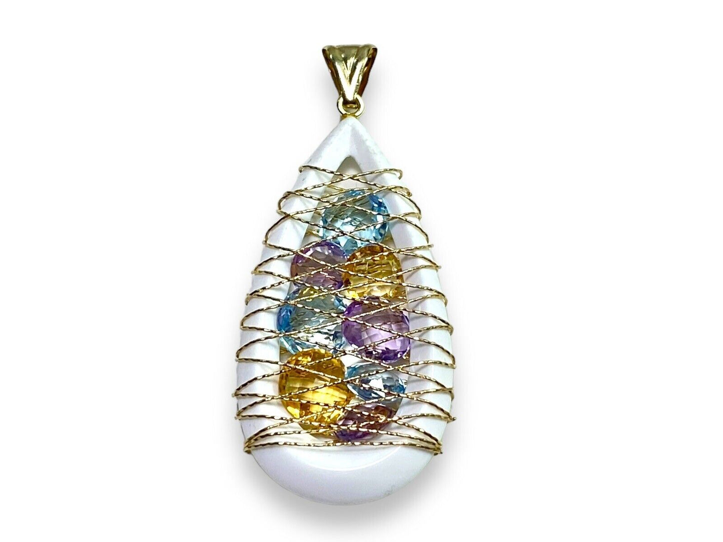 14k Yellow Gold White Ceramic Natural Round Colorful Gemstone Statement Pendant