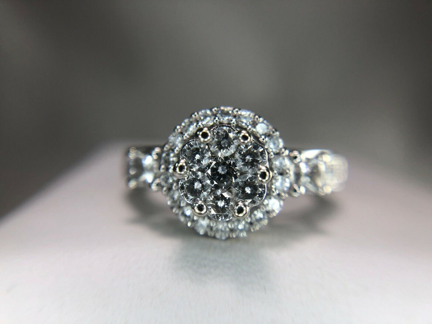 10k White Gold Round Brilliant Diamond Cluster Halo Style Engagement Ring 3/4 ct