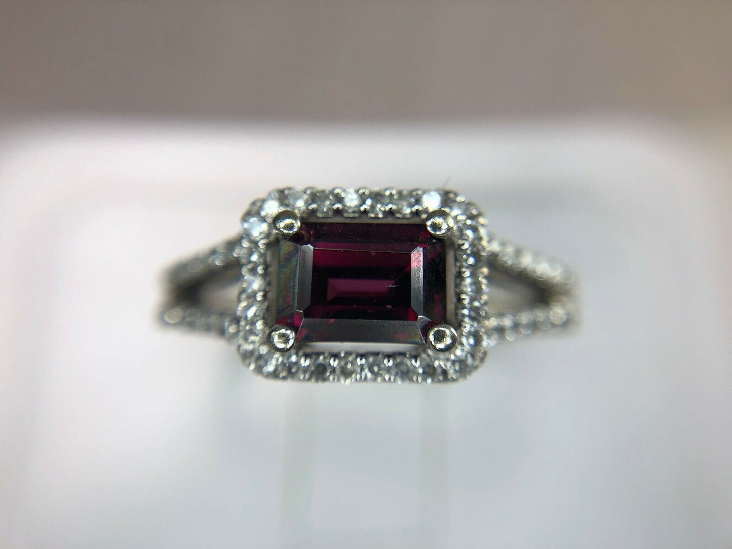 14k White Gold Round Diamond Emerald Cut Rhodolite Garnet East West Halo Ring