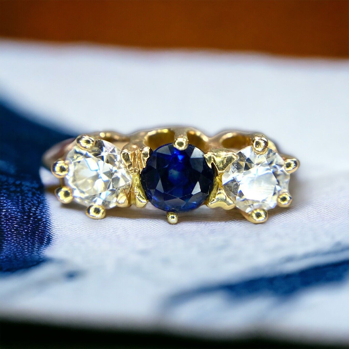 Vintage Art Deco 14k Yellow Gold Natural Blue Sapphire Old European Diamond Ring