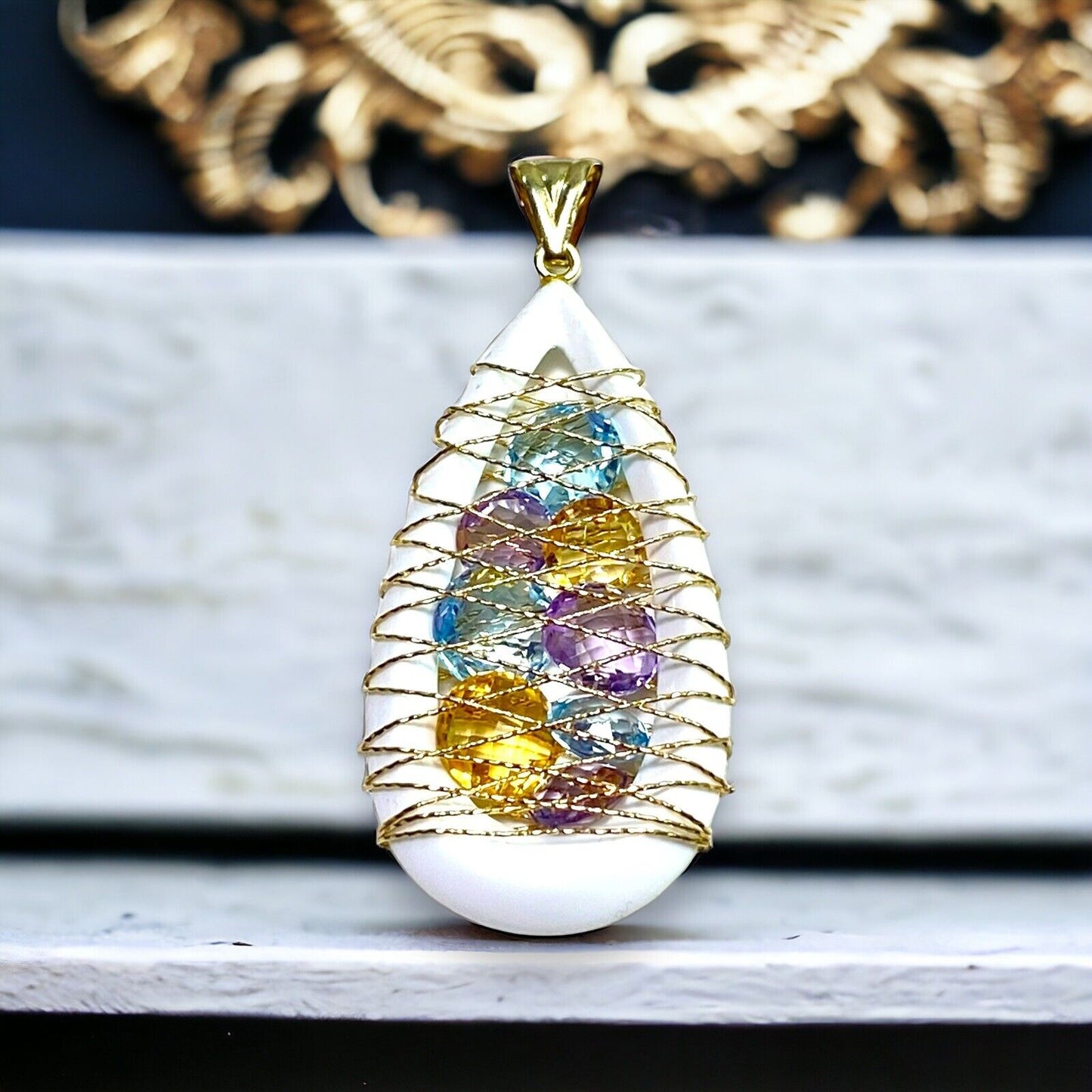 14k Yellow Gold White Ceramic Natural Round Colorful Gemstone Statement Pendant