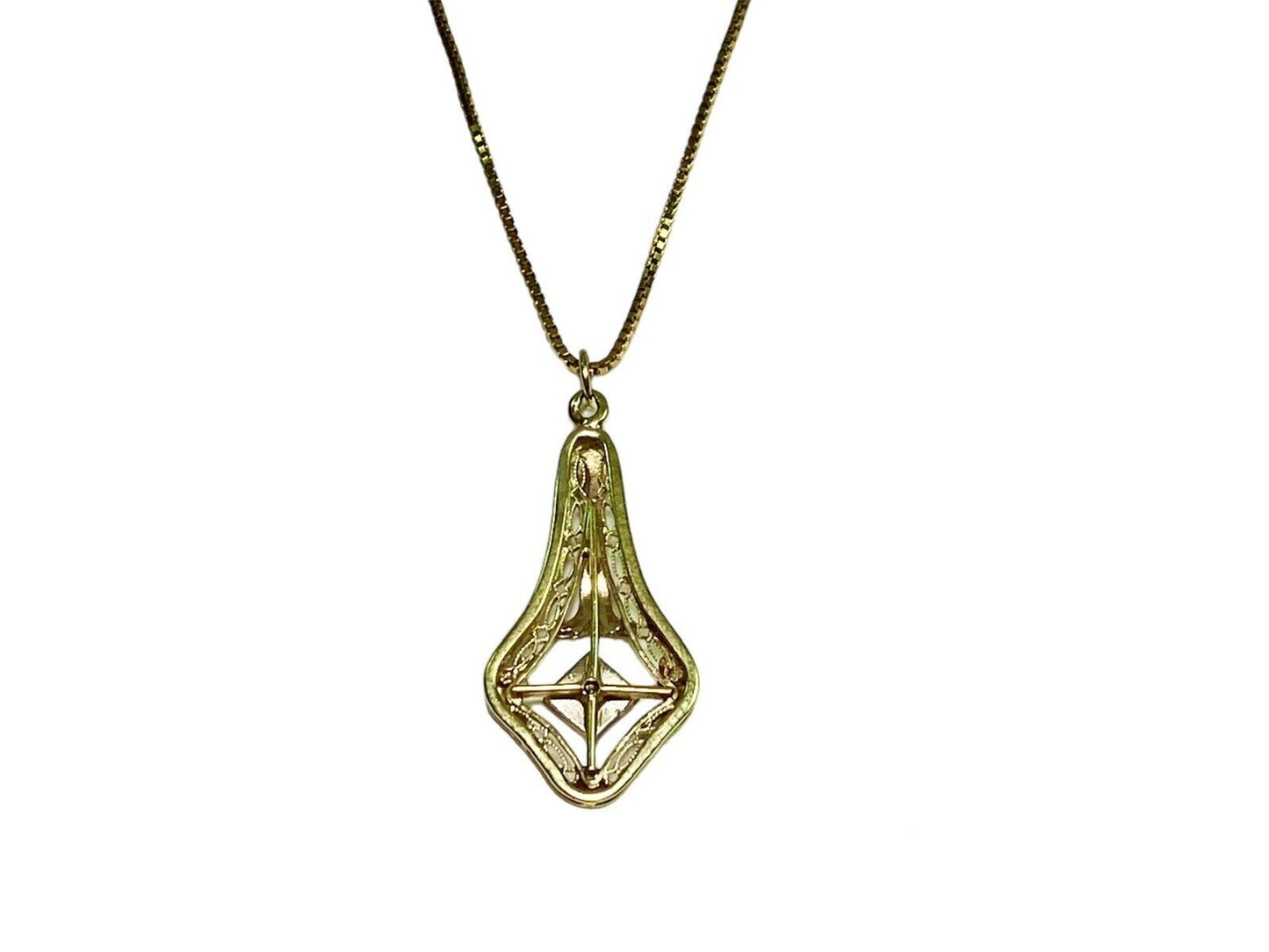 Vintage Art Deco 14k Yellow Gold Round Diamond Filigree Pendant Necklace