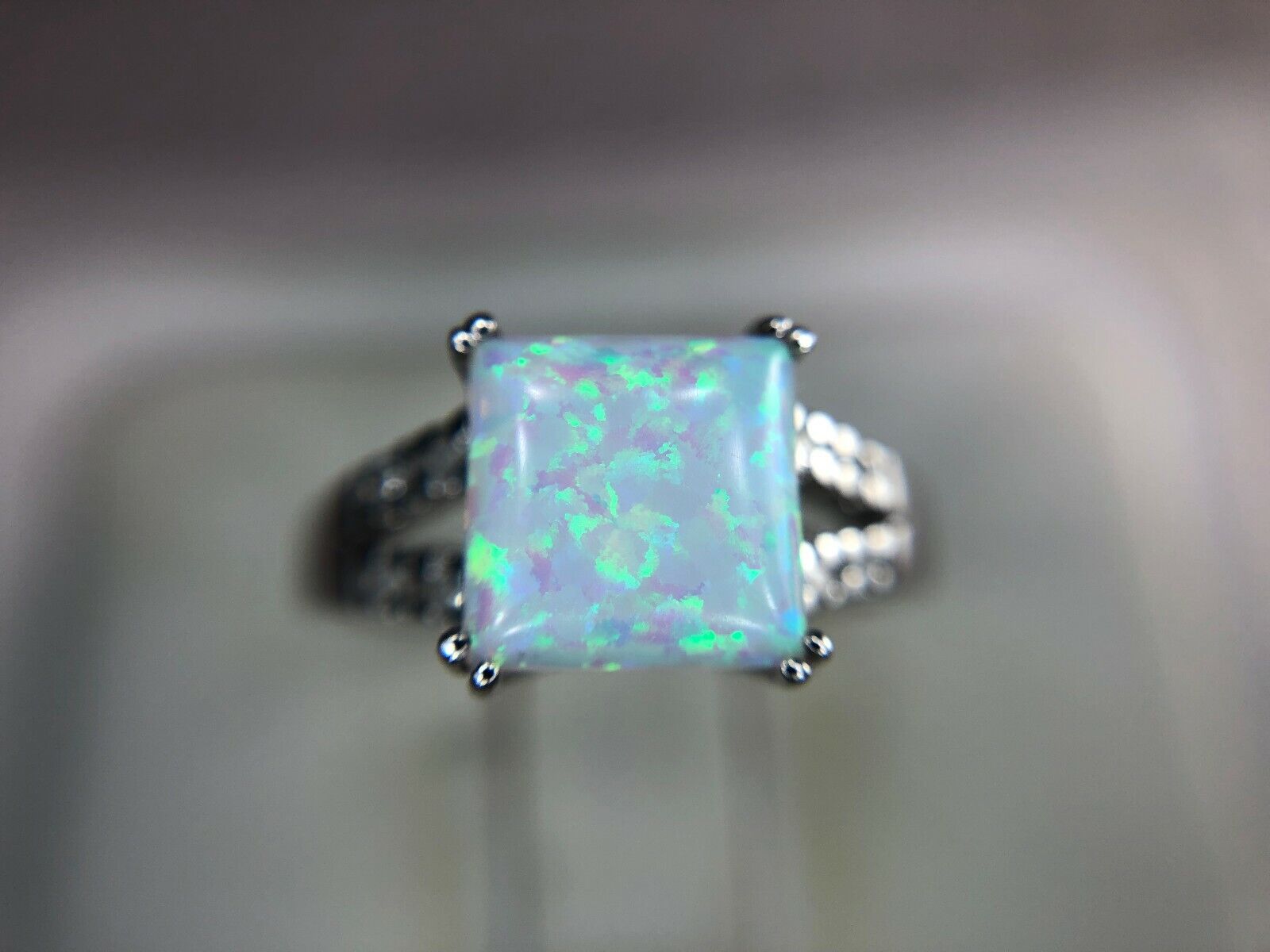 Estate 10k White Gold Square Opalite Round Diamond Ring