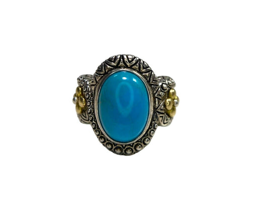 Vintage Sterling Silver 18k Yellow Gold Oval Blue Turquoise Cocktail Ring Size 6