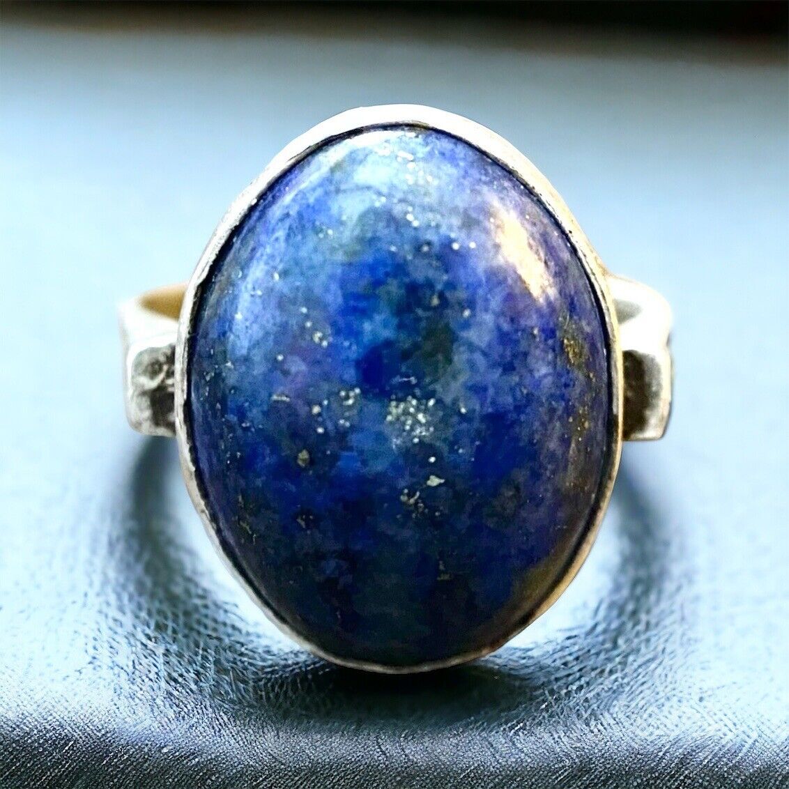 Vintage Sterling Silver Oval Shape Natural Lapis Lazuli Bezel Set Ring Size 7