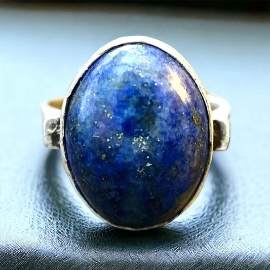 Vintage Sterling Silver Oval Shape Natural Lapis Lazuli Bezel Set Ring Size 7