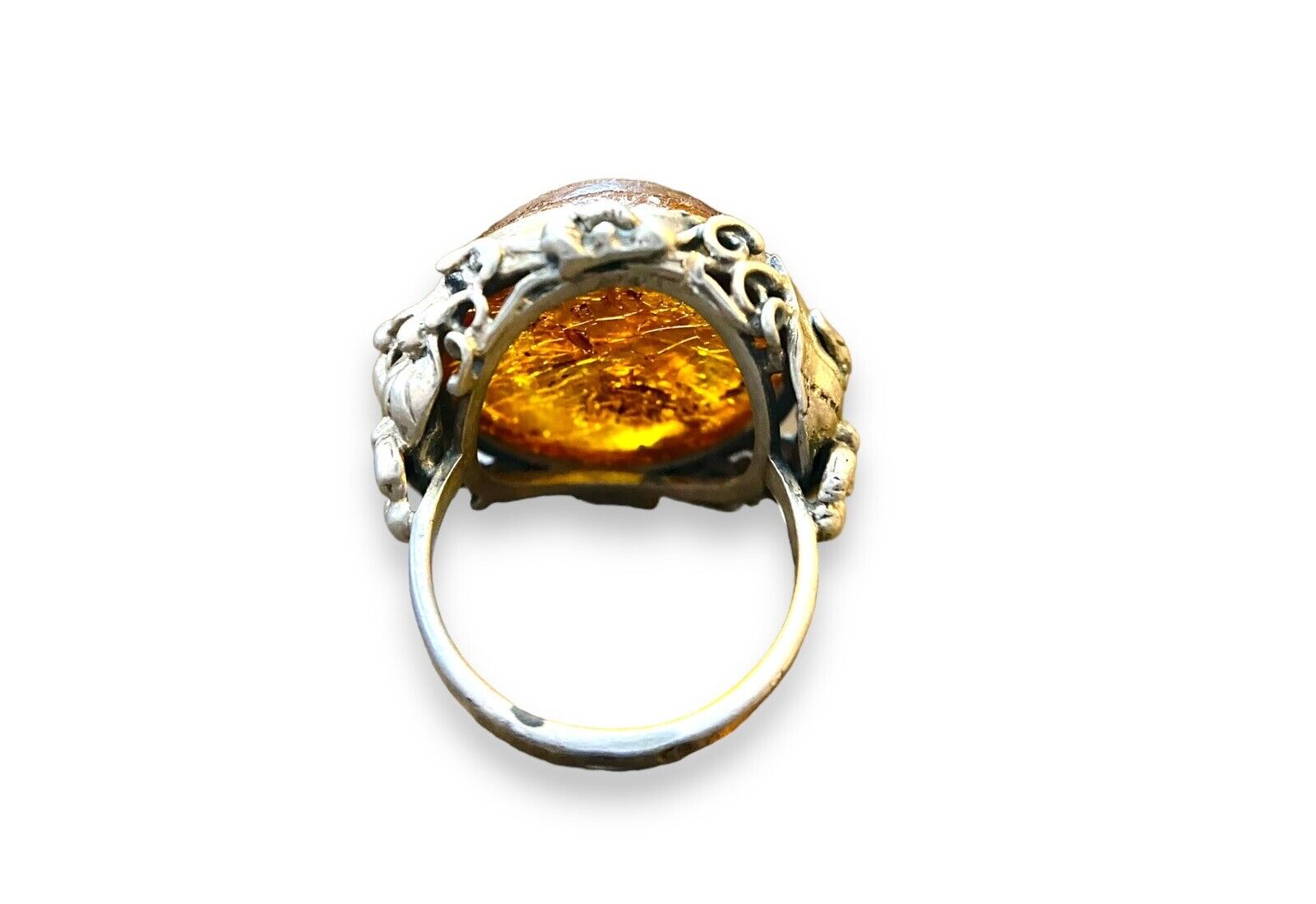 Vintage Sterling Silver Round Shape Baltic Amber Big Bezel Set Ring Size 8