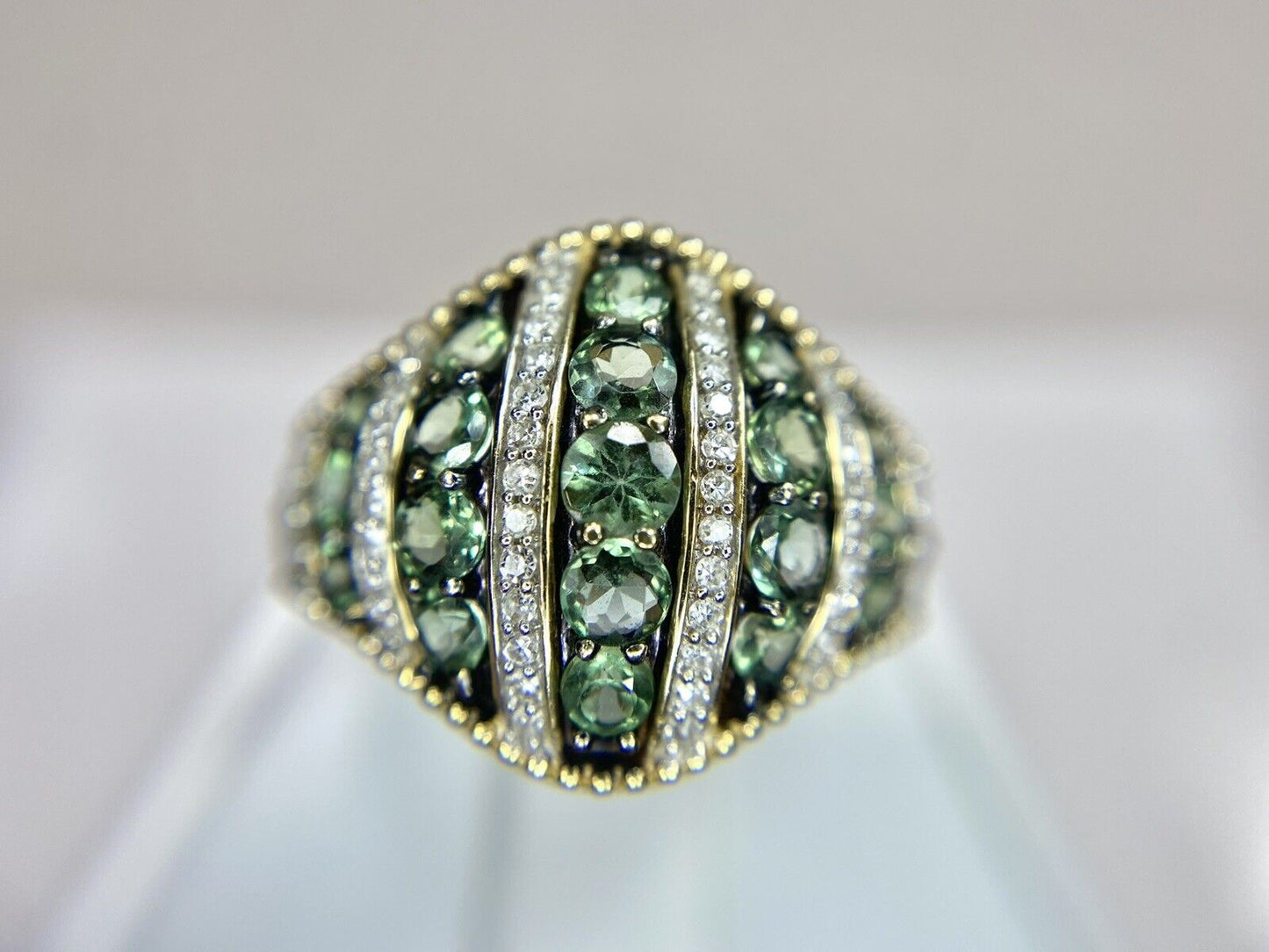 14k Yellow Gold Designer Signed Round Green Garnet Diamond Cocktail Ring